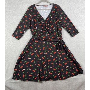 Popsy Cherry Heart Print Wrap Dress Black Womens 22 US 18 Playful Retro